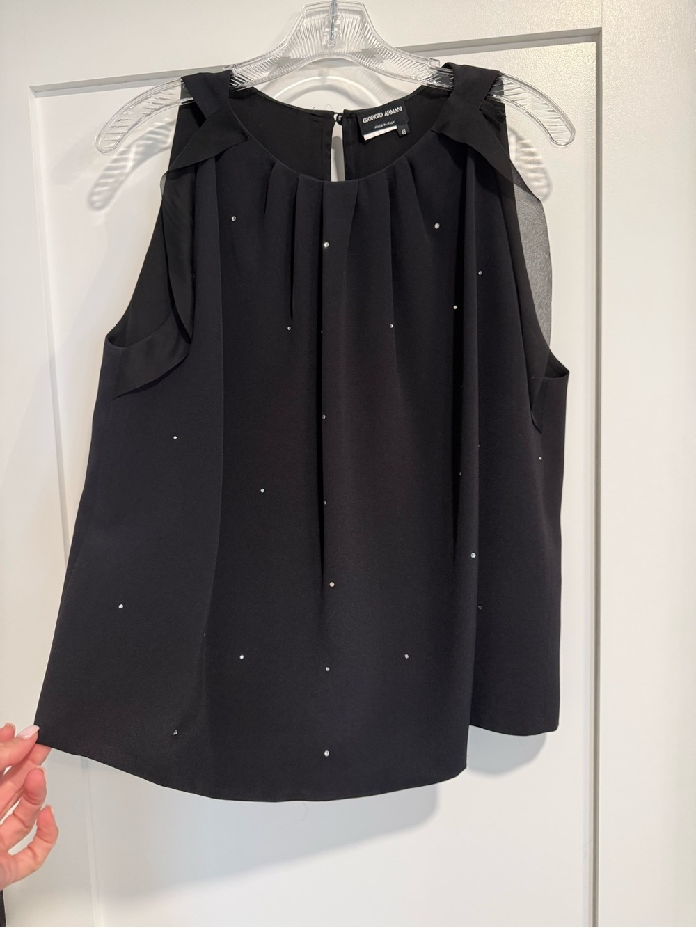 Giorgio Armani Black Sleeveless Crystal-Dotted Pleated Neck Camisole size 48